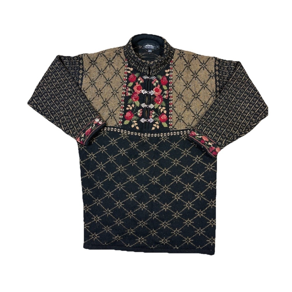 Icelandic Design Wool Sweater Womens L Black Tan Nordic Folk Floral‎